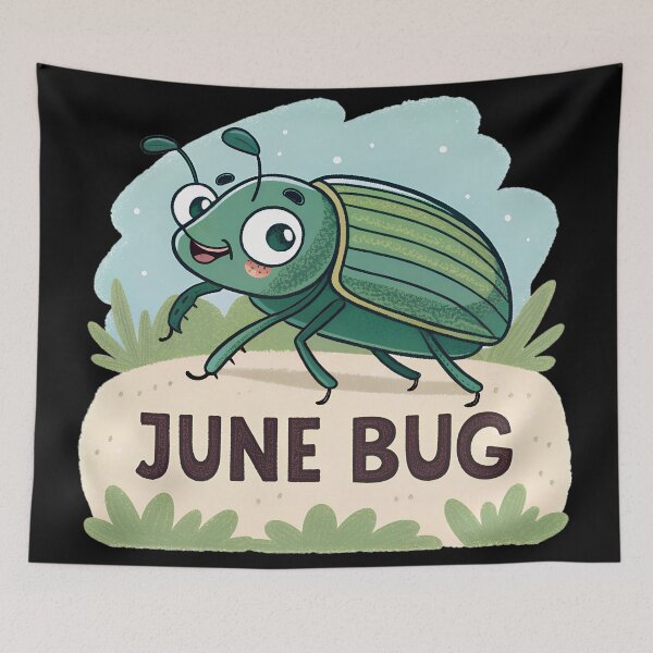 Item preview, Playful June Bug Cartoon – Flat Green Insect Illustration with Vintage Lettering designed and sold by VividOrganica.