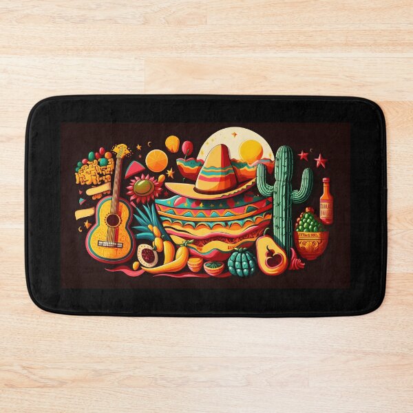 Item preview, Mexican holiday Cinco de Mayo, May 5 pattern on black background with Mexican traditional national ethnic symbols flags flowers decorations guitar hat cactuses bright details. AI Generative content designed and sold by dvoevnore.