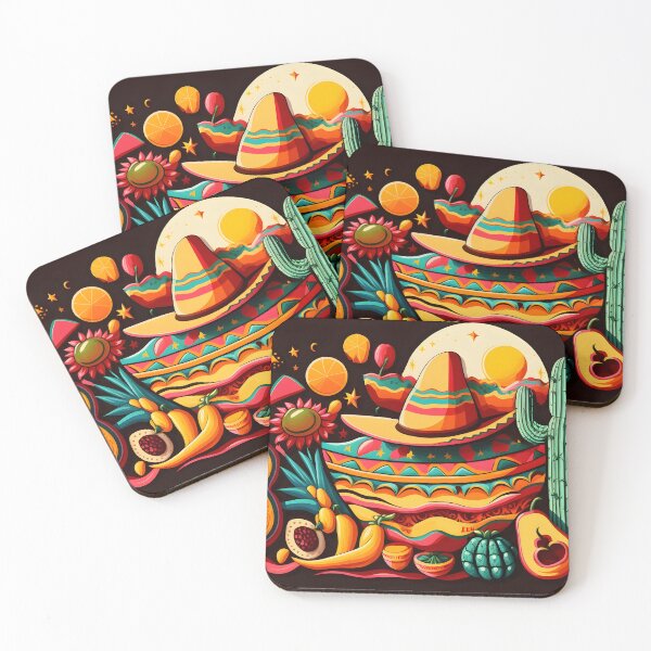 Item preview, Mexican holiday Cinco de Mayo, May 5 pattern on black background with Mexican traditional national ethnic symbols flags flowers decorations guitar hat cactuses bright details. AI Generative content designed and sold by dvoevnore.