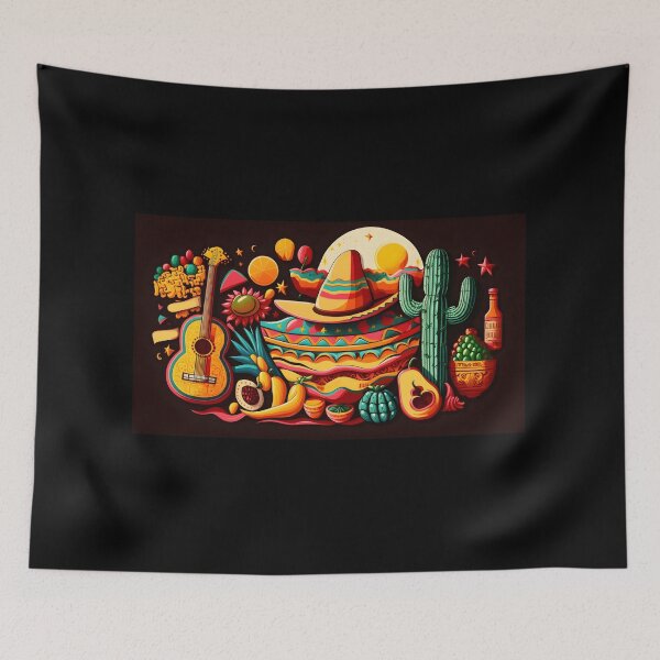 Item preview, Mexican holiday Cinco de Mayo, May 5 pattern on black background with Mexican traditional national ethnic symbols flags flowers decorations guitar hat cactuses bright details. AI Generative content designed and sold by dvoevnore.
