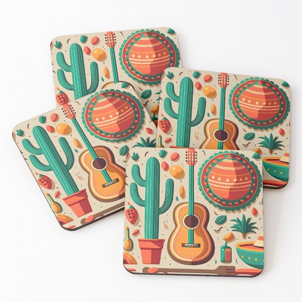 Item preview, Mexican holiday Cinco de Mayo, May 5 retro style pattern background with Mexican traditional national ethnic symbols flags, flowers, decorations, guitar, hat, cactuses. AI Generative content designed and sold by dvoevnore.
