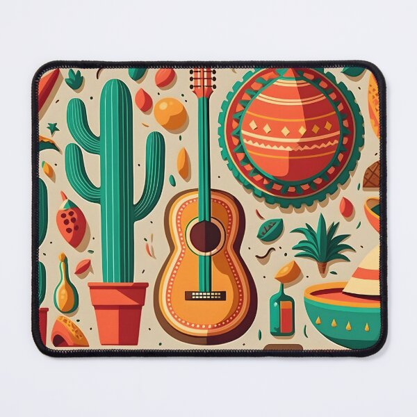 Item preview, Mexican holiday Cinco de Mayo, May 5 retro style pattern background with Mexican traditional national ethnic symbols flags, flowers, decorations, guitar, hat, cactuses. AI Generative content designed and sold by dvoevnore.