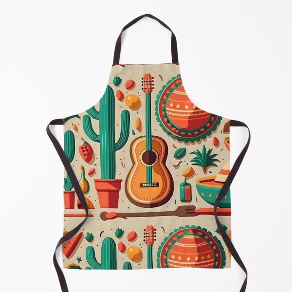 Item preview, Mexican holiday Cinco de Mayo, May 5 retro style pattern background with Mexican traditional national ethnic symbols flags, flowers, decorations, guitar, hat, cactuses. AI Generative content designed and sold by dvoevnore.