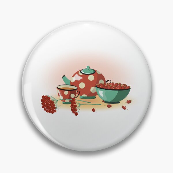 Item preview, Vector illustration with red Berries, red Teapot and cup with polka dots, Rosehip in plate and Viburnum Twigs designed and sold by KosaUA.
