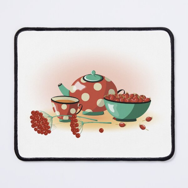 Item preview, Vector illustration with red Berries, red Teapot and cup with polka dots, Rosehip in plate and Viburnum Twigs designed and sold by KosaUA.