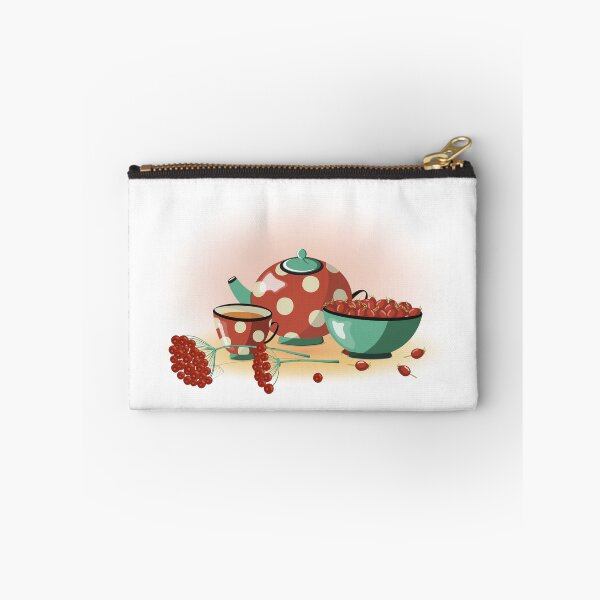 Item preview, Vector illustration with red Berries, red Teapot and cup with polka dots, Rosehip in plate and Viburnum Twigs designed and sold by KosaUA.