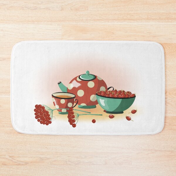 Item preview, Vector illustration with red Berries, red Teapot and cup with polka dots, Rosehip in plate and Viburnum Twigs designed and sold by KosaUA.