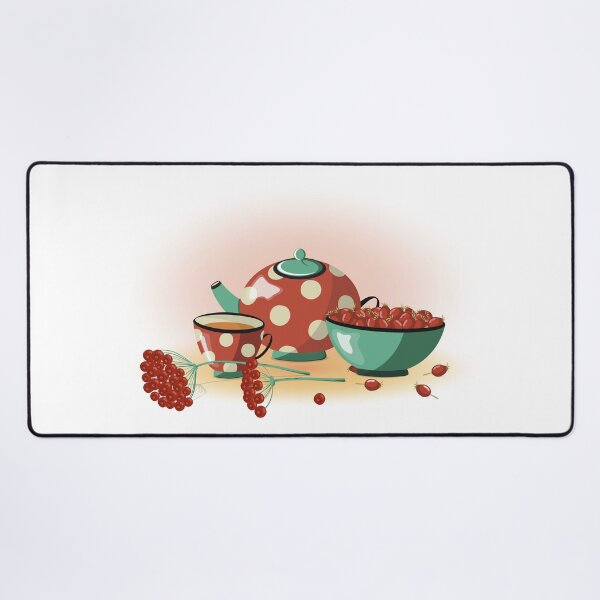 Item preview, Vector illustration with red Berries, red Teapot and cup with polka dots, Rosehip in plate and Viburnum Twigs designed and sold by KosaUA.