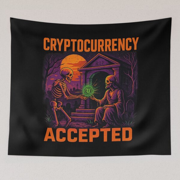 Item preview, Cryptocurrency Accepted Skeletons Passing Coin in Graveyard designed and sold by SWACOL-Creative.