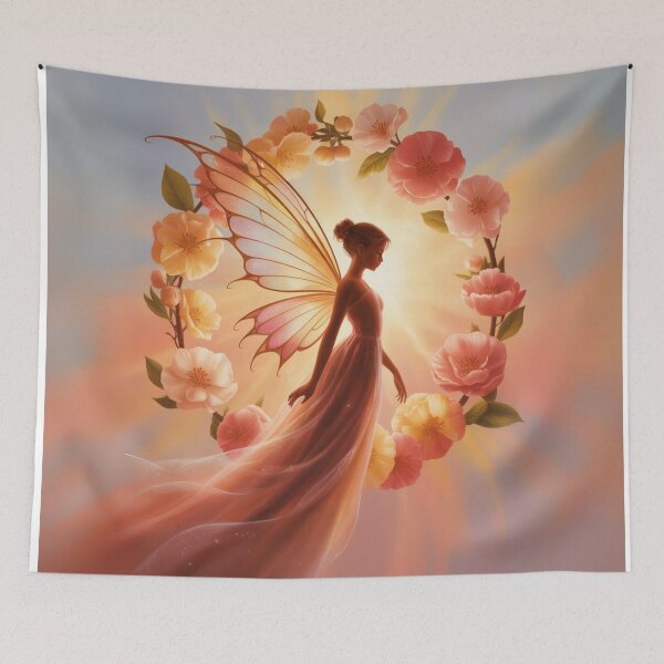 Item preview, Luminous fairy surrounded by flowers – Magical illustration at dawn designed and sold by FusiTink.