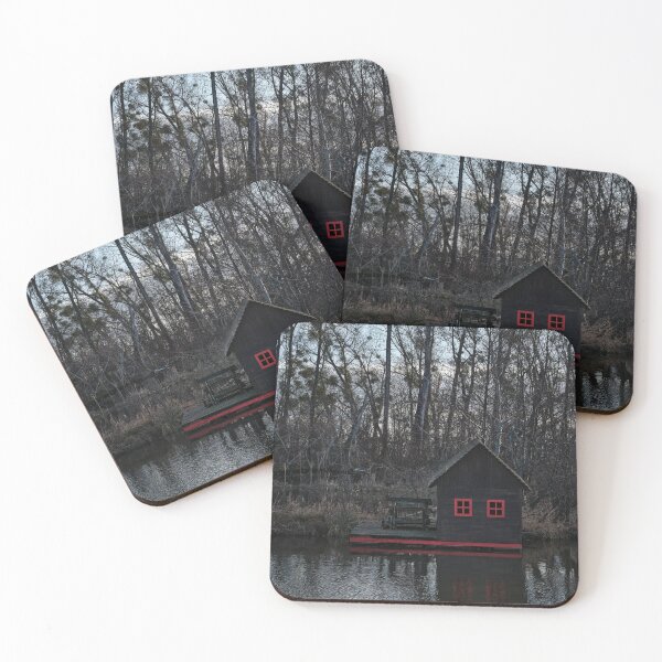 Item preview, Wooden Houseboat with Red Windows on a Quiet Lake – Zálesie, Slovakia designed and sold by RastislavS.