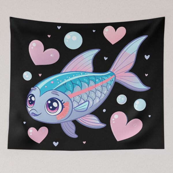 Item preview, Kawaii Neon Tetra Sticker – Cute Pastel Fish with Sparkling Eyes and Heart Bubbles designed and sold by VividOrganica.