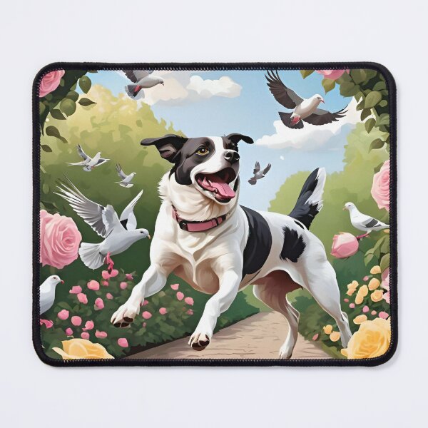 Item preview, Dog Chasing Pigeons in the Rose Garden designed and sold by Ciervo Primavera.