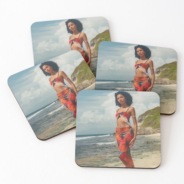 Item preview, Caribbean Woman in Red Sarong by the Ocean – Tropical Beach Photography Print designed and sold by TedKentPhoto.