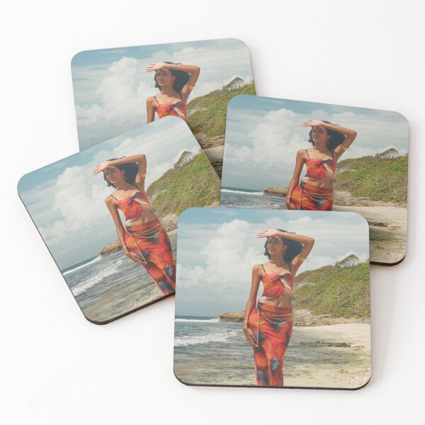 Item preview, Caribbean Woman in Red Sarong by the Ocean – Tropical Beach Photography Print designed and sold by TedKentPhoto.