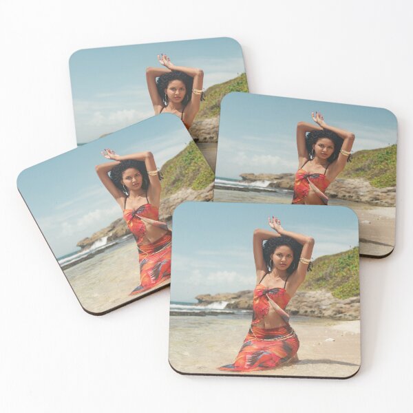 Item preview, Caribbean Woman in Red Sarong by the Ocean – Tropical Beach Photography Print designed and sold by TedKentPhoto.