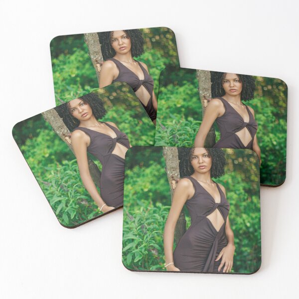 Item preview, Black Woman in Elegant Brown Dress in Tropical Forest – Sensual Nature Photography designed and sold by TedKentPhoto.