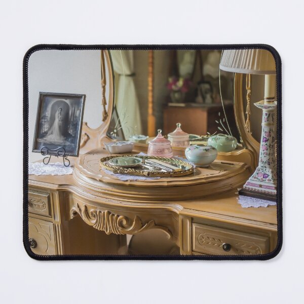 Item preview, Antique Vanity and Mirror with Jars, Mirror and Comb Set, Lamp, and Wedding Photo in a Bride's Dressing Room designed and sold by LINDA MCKUSICK.