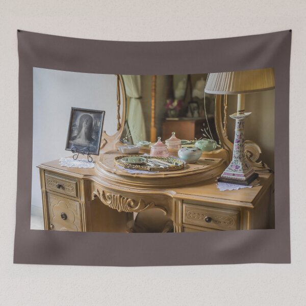 Item preview, Antique Vanity and Mirror with Jars, Mirror and Comb Set, Lamp, and Wedding Photo in a Bride's Dressing Room designed and sold by LINDA MCKUSICK.