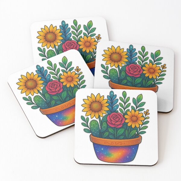 Item preview, Cosmic Flower Pot with Sunflower, Rose, and Cactus | Vibrant Floral Art designed and sold by Gallery-yuuna .