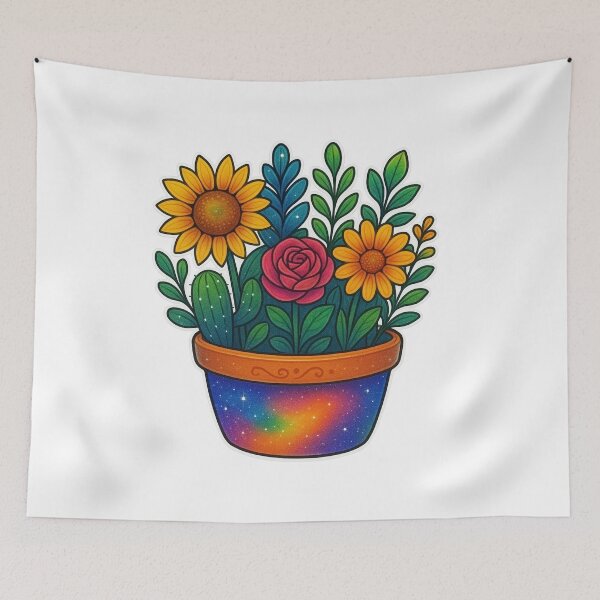 Item preview, Cosmic Flower Pot with Sunflower, Rose, and Cactus | Vibrant Floral Art designed and sold by Gallery-yuuna .