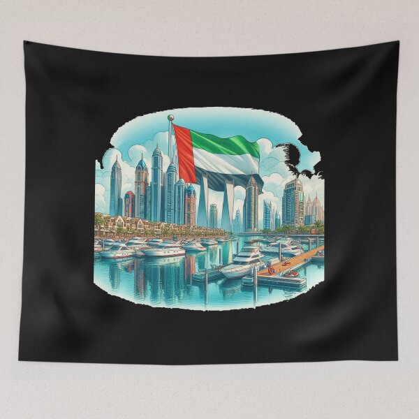 Item preview,  Dubai Marina 3D Cute Scenic Sketch with UAE Flag,   designed and sold by PaintMeWorld.