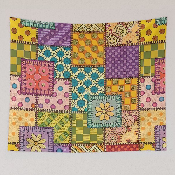 Item preview, Colorful Patchwork Quilt Design – Vibrant Fabric Squares, Floral & Geometric Patterns designed and sold by AnimalsArts21.