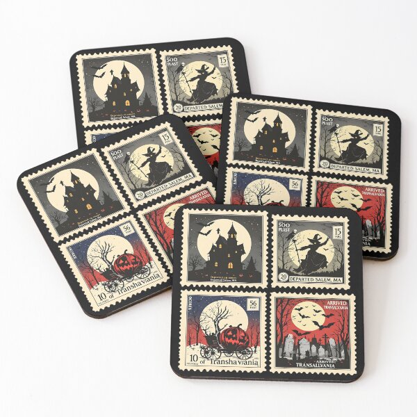 Item preview, Vintage Halloween Spooky Stamps Collection | Haunted House Witch Graveyard Pumpkin Carriage Retro Horror Art designed and sold by NSB-Design.