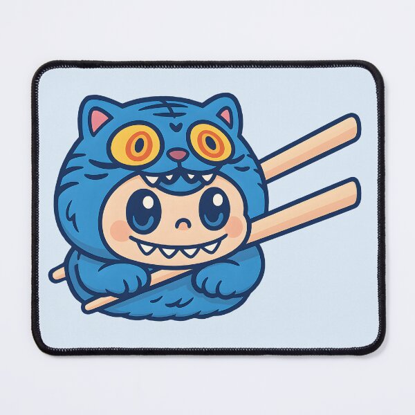 Item preview, Cute Cartoon Derpy Blue Tiger Labubu Sushi between chopsticks designed and sold by EmeraldeaDesign.