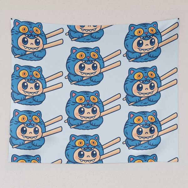 Item preview, Cute Cartoon Derpy Blue Tiger Labubu Sushi between chopsticks designed and sold by EmeraldeaDesign.