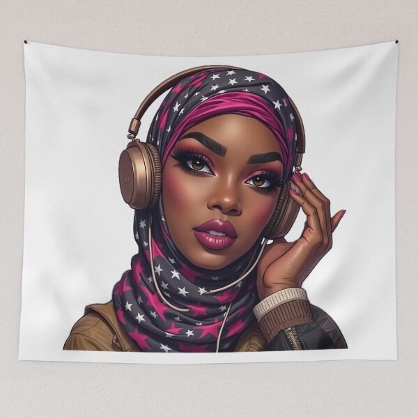 Item preview, Trendy Hijabi Girl Sticker | Dark Skin Muslim Woman Listening to Music designed and sold by Lulunza.