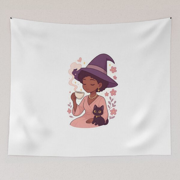 Item preview, Kawaii Black Anime Witch with Black Cat | Cute Magical Girl Illustration designed and sold by OsasChild.