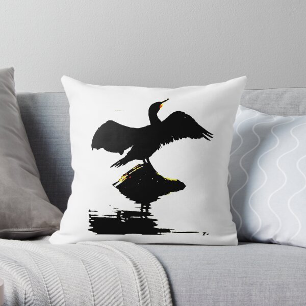 Cormorant wings open Throw Pillow