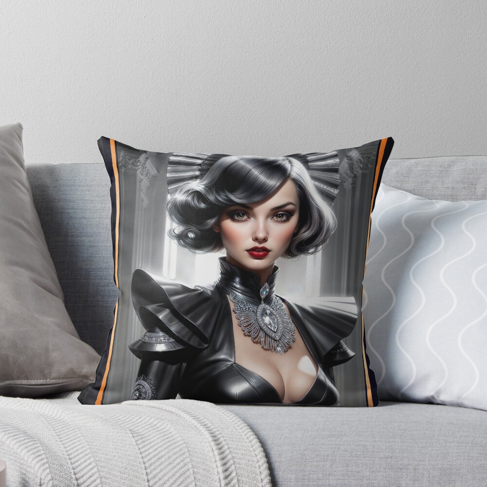 아르 데코는 내일 만난다 - Xzendor7의 Domitilla AI 컨셉 아트의 공상 과학 초상화 | 고전적인 미래지향적 아름다움 3 Art Deco Meets Tomorrow - The Sci-Fi Portrait Of Domitilla Captivating AI Concept Art by Xzendor7 Decorative Art Print Throw Pillow