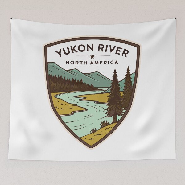 Item preview, Yukon River Shield Sticker – Retro Canada Nature Landscape Design designed and sold by VividOrganica.