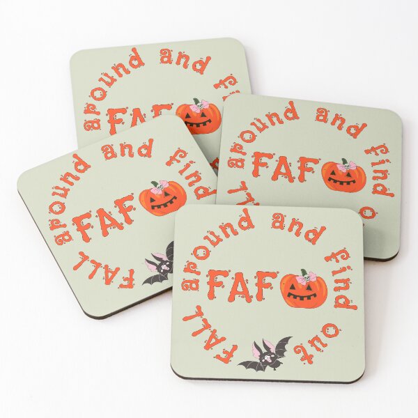 Item preview, Fall around and find out orange pumpkin with pink bow and black bat greenish gray designed and sold by GrammarDance.