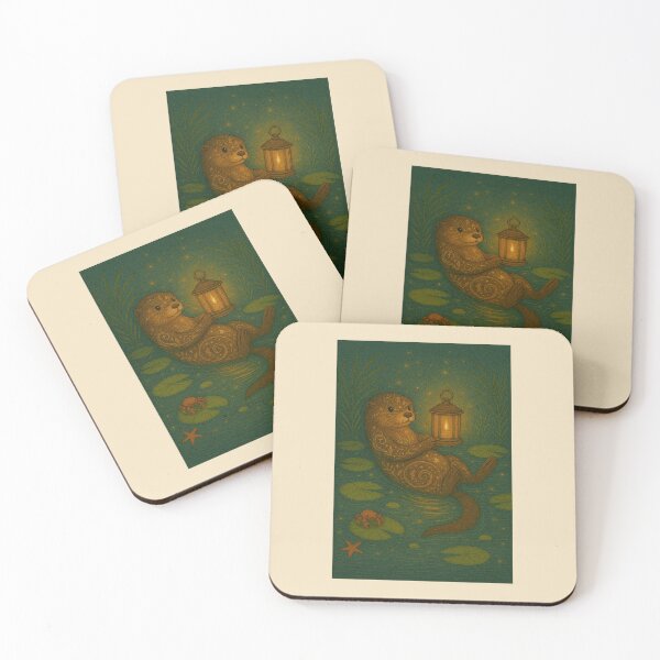Item preview, Otter with Lantern in River – Magical Fantasy Wildlife Art Print designed and sold by StudioTZ.