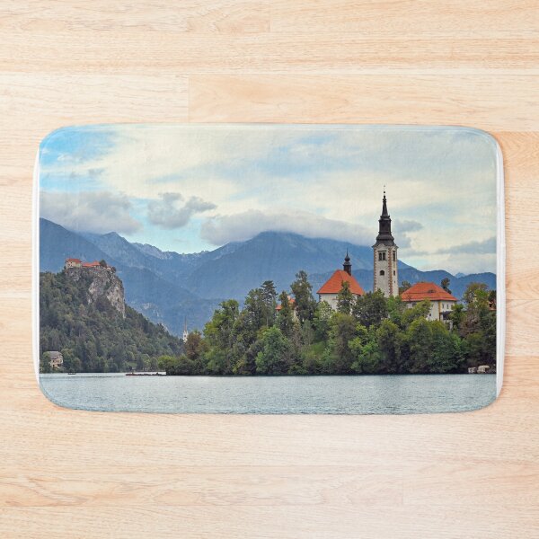 Item preview, Lake Bled with Bled Castle and Pilgrimage Church of the Assumption of Maria,autumn season landscape, Slovenia designed and sold by goceris.