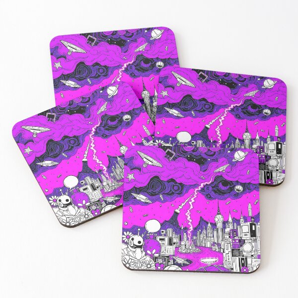 Item preview, Ultra Violet Futuristic Doodle Art – Robots, City Buildings and Lightning in Neon Science Fiction Style designed and sold by teesprinkle.