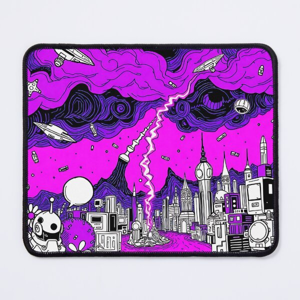 Item preview, Ultra Violet Futuristic Doodle Art – Robots, City Buildings and Lightning in Neon Science Fiction Style designed and sold by teesprinkle.
