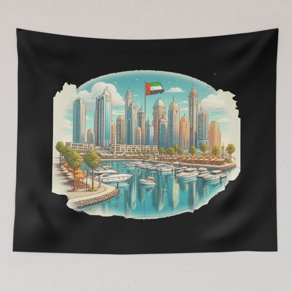 Item preview,  Dubai Marina 3D Cute Scenic Sketch with UAE Flag,   designed and sold by PaintMeWorld.
