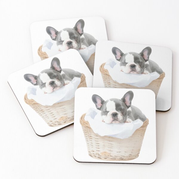 Item preview, Small grey French bulldog sleeping in laundry basket designed and sold by LiskoDesign.