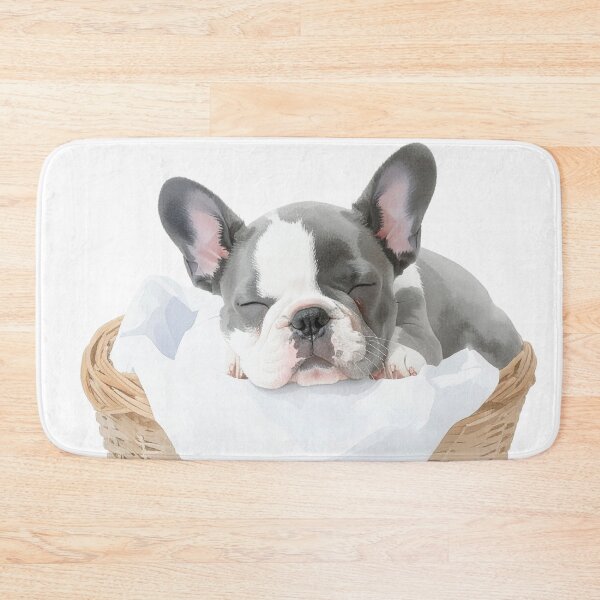 Item preview, Small grey French bulldog sleeping in laundry basket designed and sold by LiskoDesign.