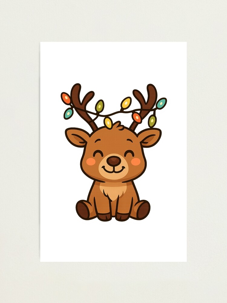 Cute Reindeer with Christmas Lights | Kawaii Holiday Design Photographic Print