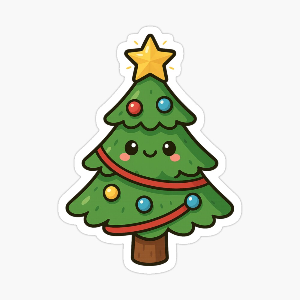 Cute Christmas Tree with Ornaments | Kawaii Holiday Design Poster
