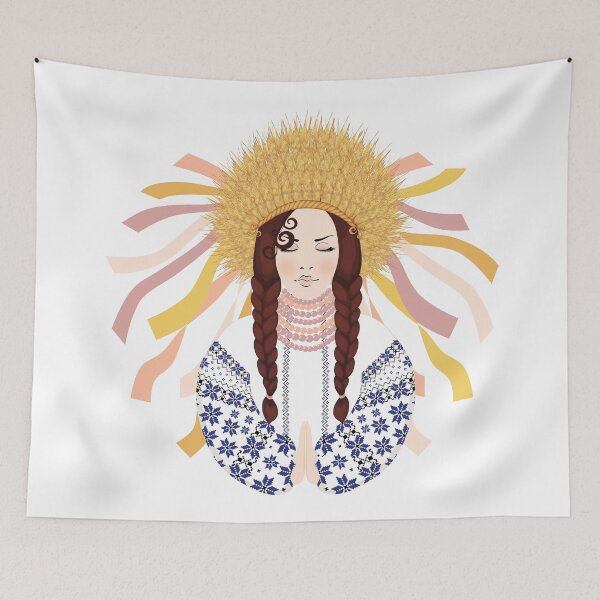 Item preview, Woman dressed in a national embroidered Ukrainian costume and a wreath of wheat ears, prays, Traditions and culture of Ukraine	 designed and sold by KosaUA.