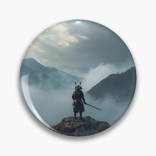 Item preview, Lone Samurai on Misty Mountain Peak – Cinematic Japanese Art with Cherry Blossoms designed and sold by PixelVibe782.