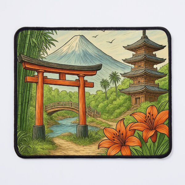 Item preview, Japanese Landscape - Torii Gate, Pagoda & Mount Fuji designed and sold by Myra365Art.