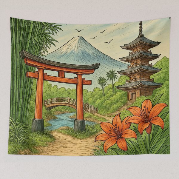 Item preview, Japanese Landscape - Torii Gate, Pagoda & Mount Fuji designed and sold by Myra365Art.