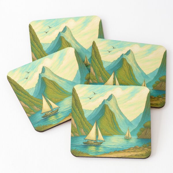 Item preview, New Zealand — Milford Sound Cliffs, Fjords & Sailboats designed and sold by Myra365Art.